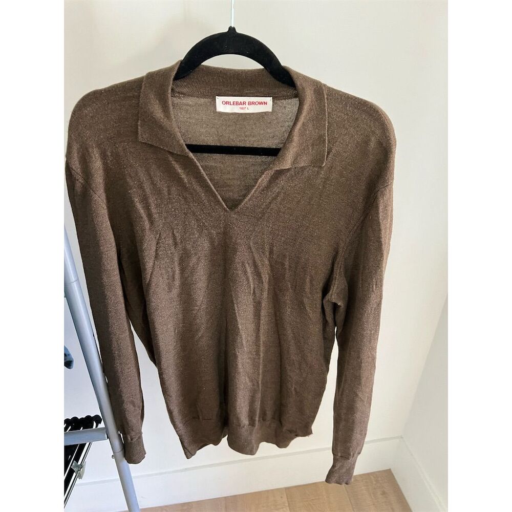 Orlebar Brown Men's Knitted Polo Sweater Brown Size L Long Sleeve